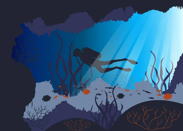 Duiker man zwemmen onder water in zonnestralen. Vlakke stijl vector geïsoleerde illustratie. — Stockvector