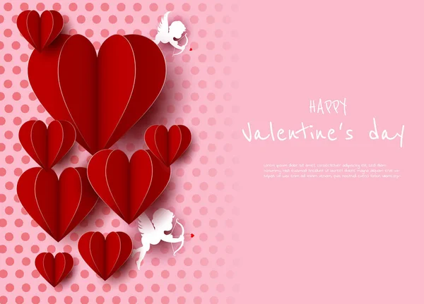 Feliz cartão de Dia dos Namorados com corações, cupidos e lugar para o seu texto — Vetor de Stock