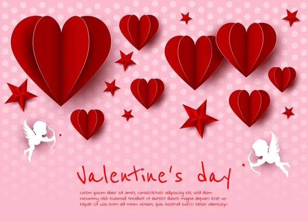 Feliz cartão de Dia dos Namorados com corações, cupidos e lugar para o seu texto —  Vetores de Stock