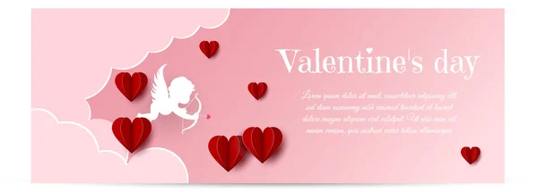 Feliz tarjeta de San Valentín con corazones, cupidos y lugar para su texto — Vector de stock