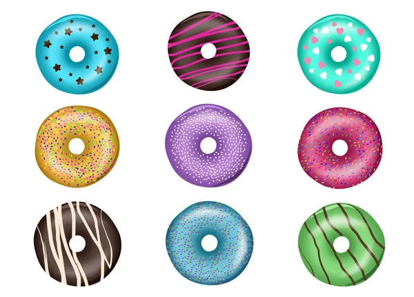 Glasierte farbige Donuts Set 3d. Vektor — Stockvektor