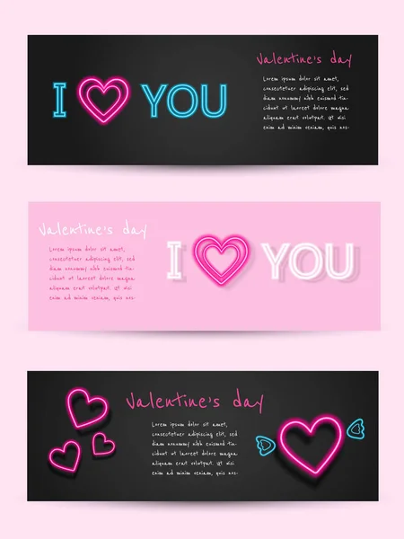 Valentine's day set of neon banners. Vector illustration. Fashionable design concept for Valentine's day greeting card sales promo text, decor and neon frame on black background — Stock Vector