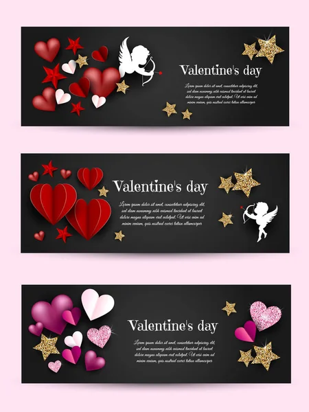 Valentines day set on black background. Vector illustration. Wallpaper, flyers, invitation, posters, brochure, voucher,banners. — Stock Vector