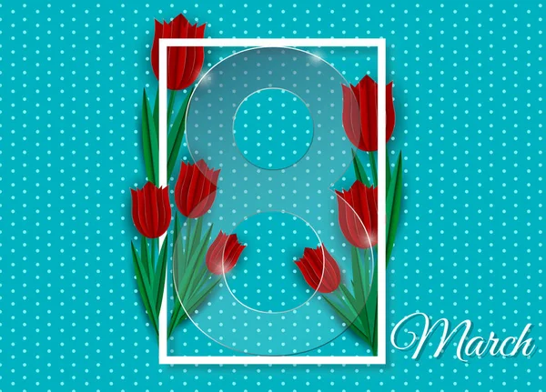 Dia das mulheres, cartão postal para 8 de março, tulipas vermelhas em um fundo azul, figura de vidro 8 . — Vetor de Stock