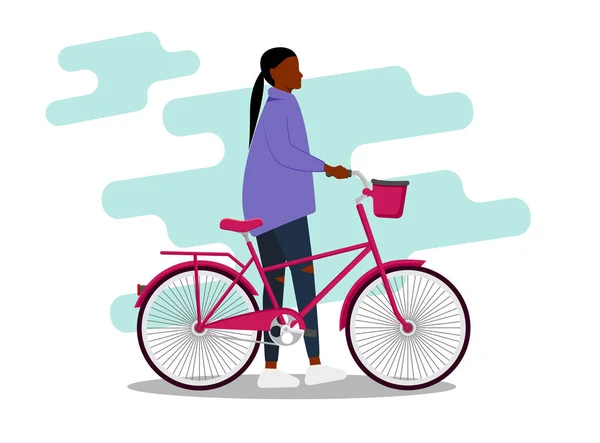 Jeune personnage féminin noir debout avec un vélo. Transport urbain. Mode de vie sain. Illustration vectorielle modifiable plate, clip art — Image vectorielle