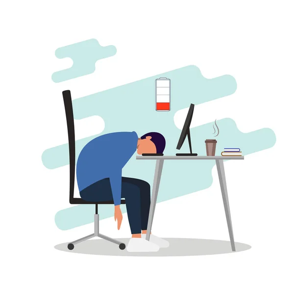 Professional burnout concept. Young exhausted male manager sits at table in the office, long work day. Frustrated worker mental health problems. Vector illustration in flat cartoon style. — Stock Vector