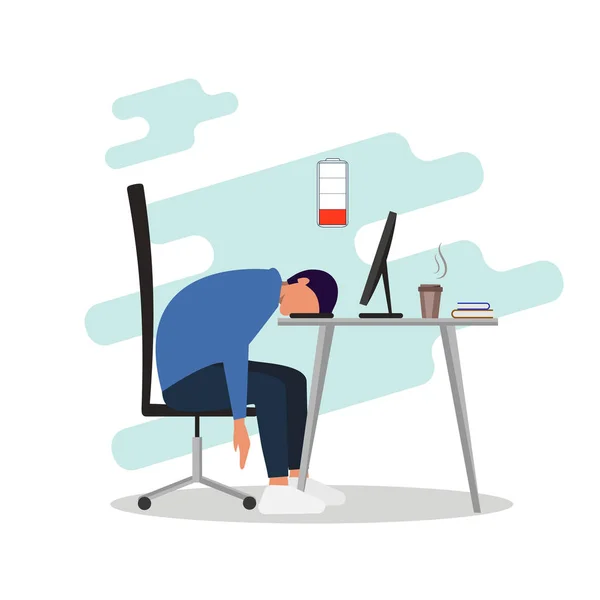 Concept d'épuisement professionnel. Jeune homme gestionnaire épuisé assis à table dans le bureau, longue journée de travail. Problèmes de santé mentale des travailleurs frustrés. Illustration vectorielle en style dessin animé plat. — Image vectorielle