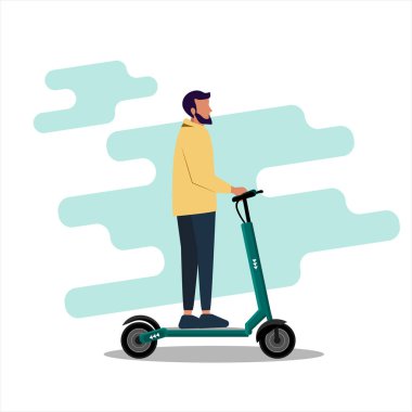 Genç adam elektrikli scooter kullanıyor modern tasarım ekoloji taşıma konsepti. Düz biçim