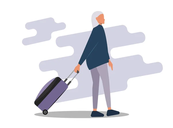 Ilustração de uma jovem com uma mala no aeroporto . — Vetor de Stock