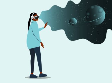 Vr kulaklık takan Afro-Amerikan kadın karakter. mesaj için yer. Güçlendirilmiş Gerçeklik ve Hayali Evren. Astronomi okuyorum. Yüksek Teknoloji.