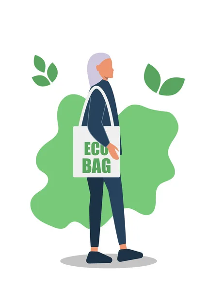 Young girl, young guy, with a bag of eco products. Eco-friendly food. Gender neutrality, unisex, gender neutral clothing, hairstyle. Young girl, young guy, pants and sneakers isolated on white backgro — 스톡 벡터