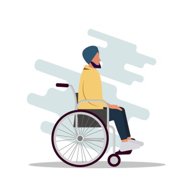 Tekerlekli sandalyedeki sabırlı Arap adamın tasviri reklam için boş bir alana sahiptir. Müslüman Kavram Vektörü