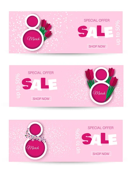 Set of discount banners for International Women's Day. March 8 sale, tulips on a pink background. Vector — Stock Vector