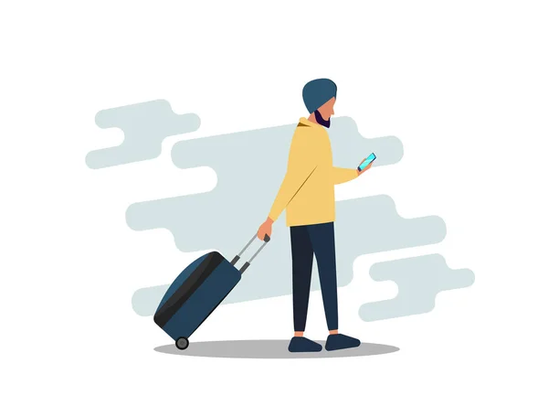 Tânărul pasager indian merge cu bagajul. Aeroport. Staţia de metrou. Călătorie. Flat editabil ilustrație vectorială — Vector de stoc