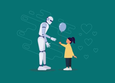 Friendship of a child and a robot. Little girl gives a balloon to a robot. Android, cyborg, humanoid robot, friendship concept, flat cartoon vector illustration.