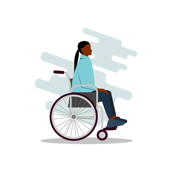 Jovem personagem feminina negra deficiente sentado em uma cadeira de rodas. Deficiência. A vida diária. Ilustração vetorial editável plana —  Vetores de Stock