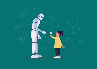 Küçük bir kız için robot bir arkadaş. Robot küçük bir kızın elini tutuyor. Gelecekçi asistan, doğrusal doğası olan çocuklar için dadı. Çocuk güvenliği için yapay zekanın icadı.