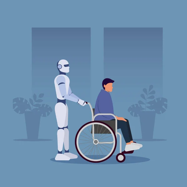 The robot carries a man in a wheelchair. Ai. Artificial Inteddect, humanoid robot. Vector