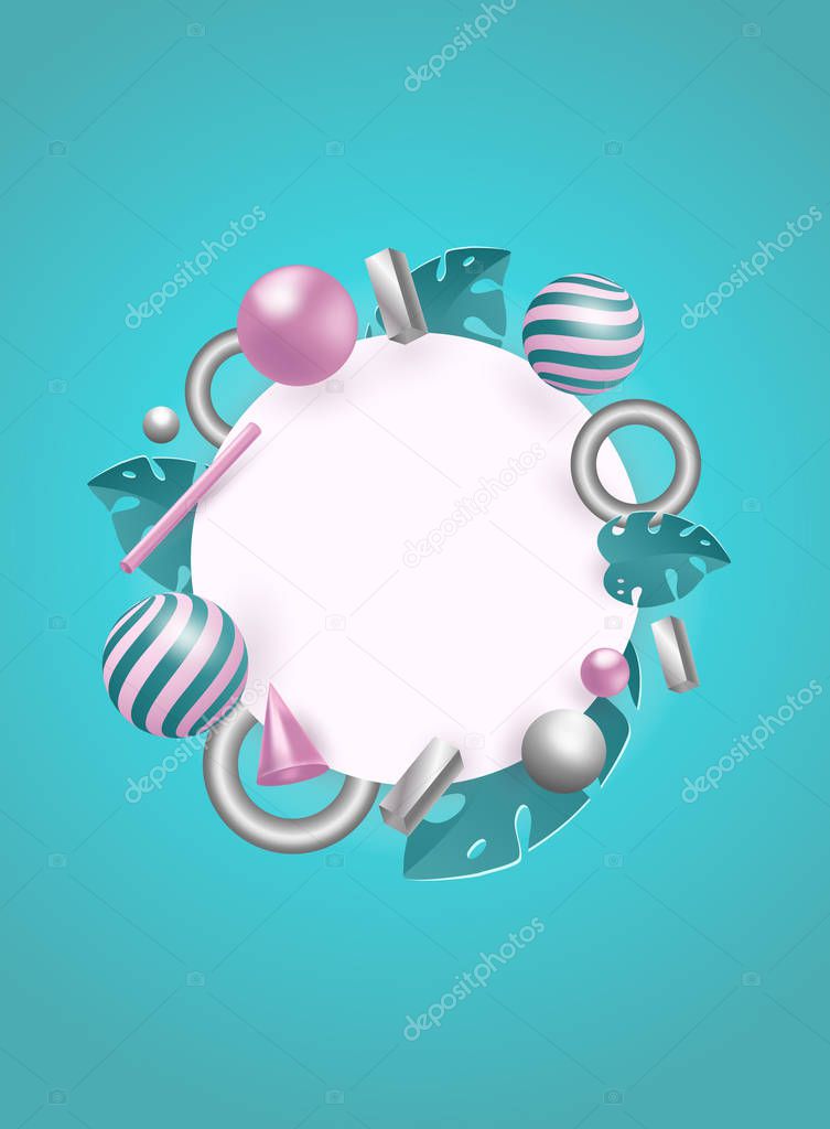 3d rendered illustration with flying geometric shapes and tropical leaves. Background for product design or text presentation layout. Balls, cylinders, pink and metallic silver. Vector template for po