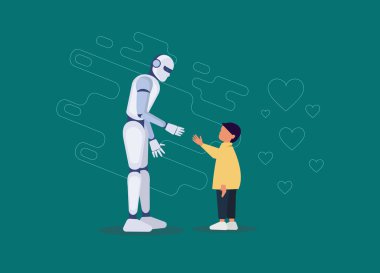 Küçük bir çocuk için robot bir arkadaş. Robot küçük bir çocuğun elini tutuyor. Gelecekçi asistan, doğrusal doğası olan çocuklar için dadı. Çocuk güvenliği için yapay zekanın icadı. Vektör