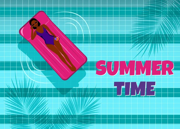 Chica afroamericana en la piscina. Ilustración de verano. Banner de verano — Archivo Imágenes Vectoriales