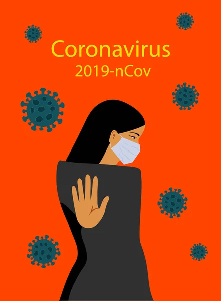 Coronavirus in China. Nieuw coronavirus 2019-ncov, vrouw met wit medisch gezichtsmasker. Concept van quarantaine van het coronavirus. — Stockvector