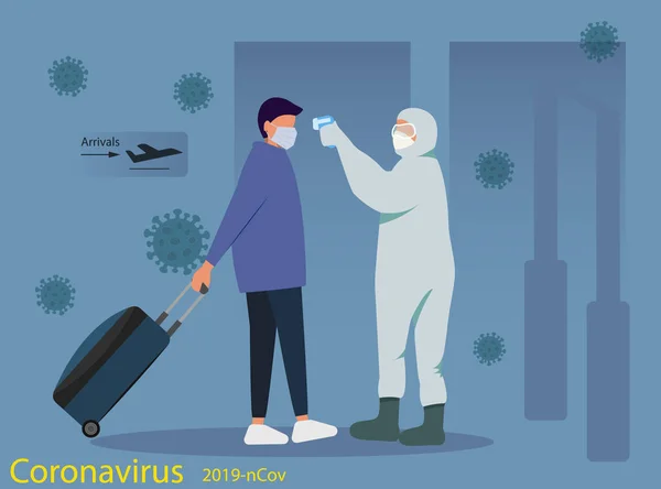 Концепция карантинного коронавируса коронавируса в Китае. Дистанционное измерение температуры пассажиров в аэропорту. Новый коронавирус 2019-nKoV, концепция карантинного коронавируса. Вектор — стоковый вектор