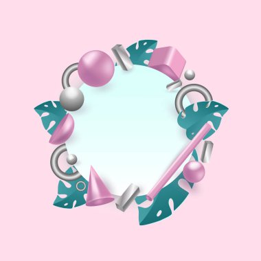 Uçan geometrik şekiller ve tropikal yapraklarla yapılmış 3D çizimler. Ürün tasarımı veya metin sunum düzeni için arkaplan. Toplar, silindirler, pembe ve metalik gümüş. Po için vektör şablonu