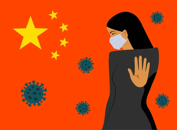 중국의 코로나 바이러스. 소설 코로나 바이러스 2019-ncov, 흰 얼굴 마스크를 쓴 여성. 코로나 바이러스 격리 개념. — 스톡 벡터