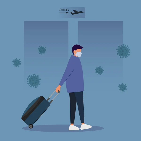 MERS-Cov Middle East Respiratory Syndrome Coronavirus , the New Coronavirus 2019-nCoV , a young man with a blue medical mask and a travel bag on wheels is moving in the direction of take-off — 스톡 벡터