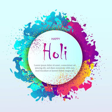 Gerçekçi hacimsel renkli Holi pudrası boya bulutları ve örnek metin örnekleriyle Mutlu Holi selamlama vektör arkaplan tasarım elementi.