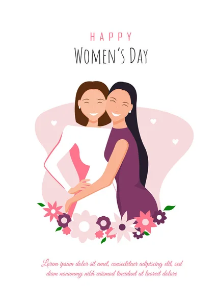 Le 8 mars, Journée internationale de la femme. Filles heureuses câlins. L'amour entre les filles . — Image vectorielle