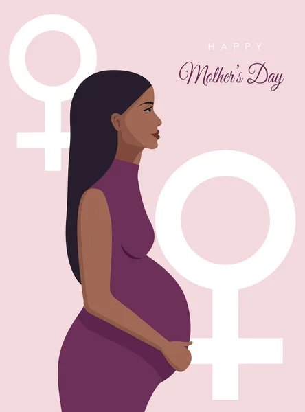 Nemzetközi Anyák Napja. Nők napja. Fiatal terhes afro-amerikai. Női nap háttér történetek, női nap transzparens, női nap háttér. Halvány rózsaszín és fehér árnyalatok. — Stock Vector