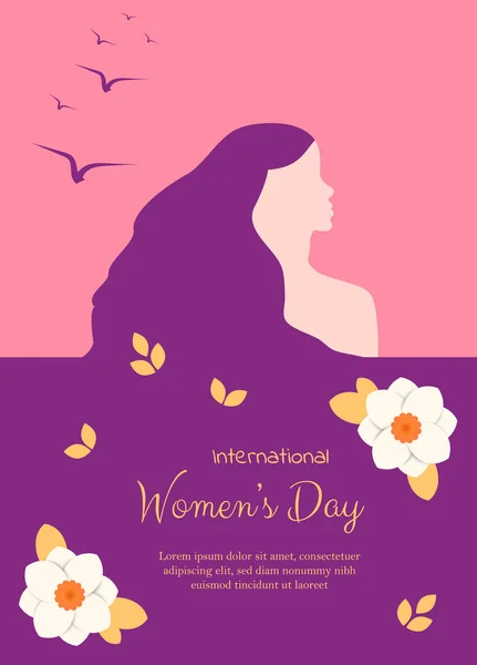 Κομψό σχέδιο ευχετήριας κάρτας με εικονογράφηση νεαρής κοπέλας για την γιορτή της ημέρας της χαράς της γυναίκας. — Διανυσματικό Αρχείο