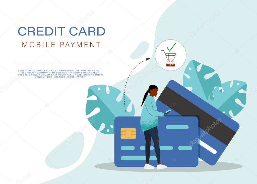 Vector flat style illustration of man and woman in front of a huge cell phone. Credit card icon on the screen of smartphone. Minimalism design with exaggerated objects. Online payment concept.