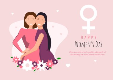8 Mart, Uluslararası Kadınlar Günü. Mutlu kızlar sarılıyor. Kızlar arasında aşk.