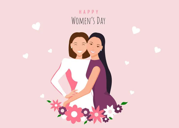 Ευτυχισμένη μέρα γυναικών εικονογράφηση. 8 Μαρτίου, Παγκόσμια Ημέρα της Γυναίκας. Ευτυχισμένα κορίτσια αγκαλιάζονται. Αγάπη μεταξύ των κοριτσιών. 8 Μαρτίου, ημέρα των γυναικών. Διάνυσμα — Διανυσματικό Αρχείο