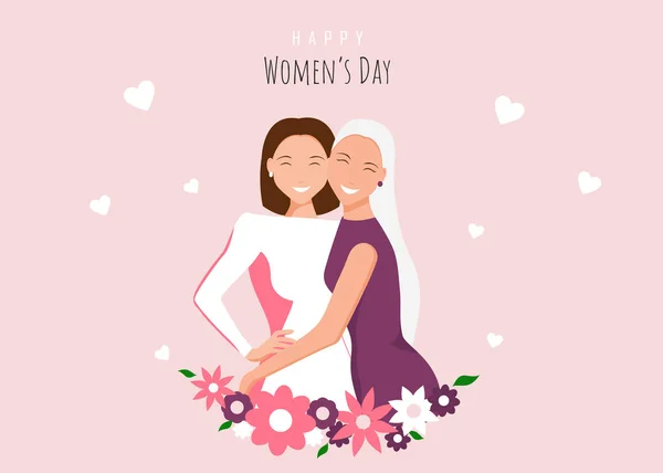 Ευτυχισμένη μέρα γυναικών εικονογράφηση. 8 Μαρτίου, Παγκόσμια Ημέρα της Γυναίκας. Ευτυχισμένα κορίτσια αγκαλιάζονται. Αγάπη μεταξύ των κοριτσιών. 8 Μαρτίου, ημέρα των γυναικών. Διάνυσμα — Διανυσματικό Αρχείο