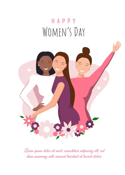 8 de marzo, Día Internacional de la Mujer. Chicas felices abrazándose. Amor entre las chicas . — Archivo Imágenes Vectoriales