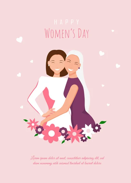 Feliz ilustración del día de las mujeres. 8 de marzo, Día Internacional de la Mujer. Chicas felices abrazándose. Amor entre las chicas. 8 de marzo, día de las mujeres. Vector — Archivo Imágenes Vectoriales