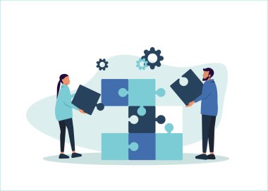 İş konsepti. Takım çalışması metaforu. İki işadamı bulmaca elementlerini birbirine bağlıyor. Vektör illüstrasyon düz stil tasarımı. İki parçayı birleştiriyorum. Birlikte çalışmanın sembolü, işbirliği, ortaklık.