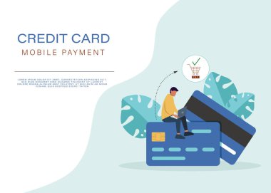 Mobil bankacılık kavramı, kredi kartlarının üzerinde oturan ve online bankacılık ve muhasebe için cep telefonu kullanan insanları gösteriyor. Kredi kartı olan düz erkek ve kadınlar