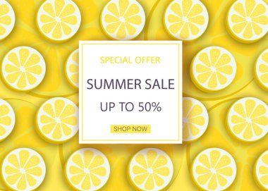 Summer sale banner template. Liquid summer bubble with lemons. Tropical summer background and summer backdrop. Promo badge for seasonal offer, summer promotion, summer advertising. Vector summer set b