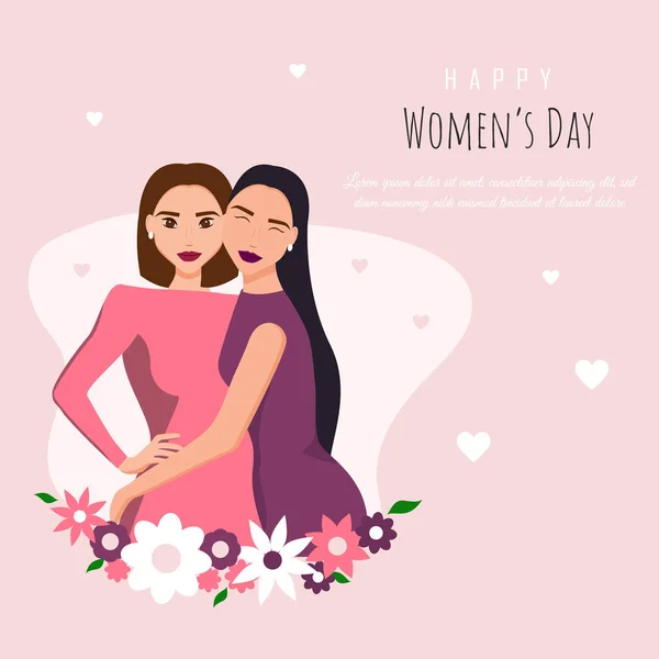 8 de marzo, Día Internacional de la Mujer. Chicas felices abrazándose. Amor entre las chicas . — Archivo Imágenes Vectoriales