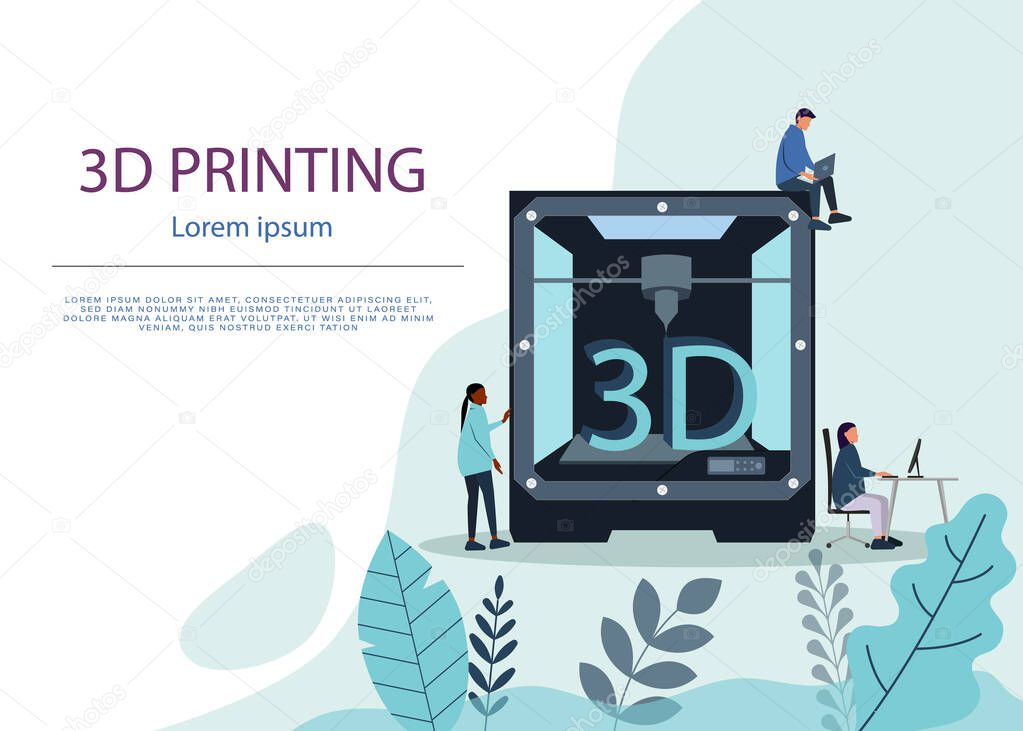 Industrial 3D printer prints a house concept. File contains transparent objects. 3d Printing or Additive Manufacturing Technology Website Landing Page. Developer Engineer Stand at 3d Printer. Vector 1