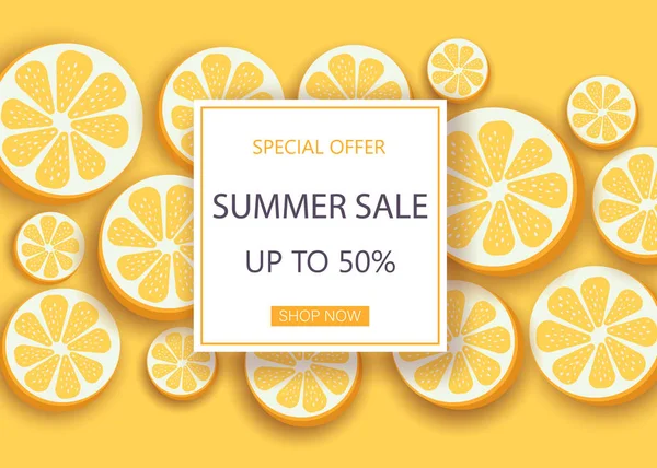 Summer sale banner with symbols for summer time such as oranges. Vector summer illustration of discount template card, summer wallpaper, summer flyer, summer invitation, summer poster, summer brochure