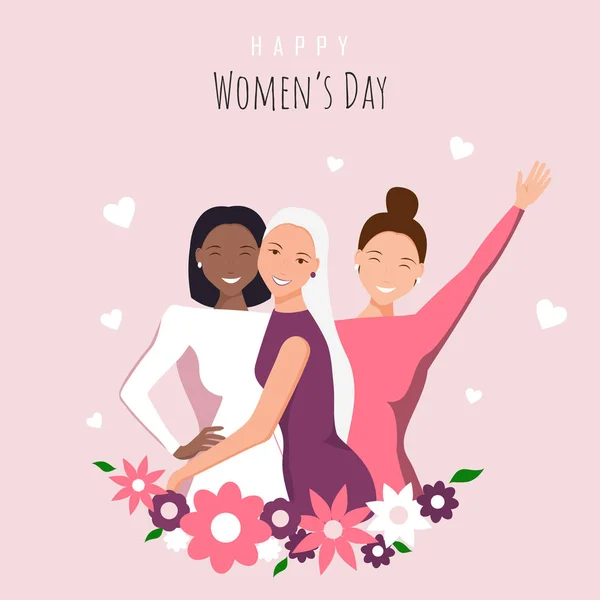 Szczęśliwa ilustracja Dnia Kobiet. 8 marca, Międzynarodowy Dzień Kobiet. 8 marca, dzień kobiet, tło Dnia Kobiet, transparenty, ulotki Dnia Kobiet, projekt dzień kobiet. Szczęśliwe dziewczyny się przytulają. Amerykanin afrykański — Wektor stockowy