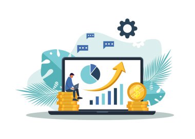 Bankacılık konsepti, madeni paraların üzerinde oturan ve online bankacılık ve iş için bilgisayar kullanan bir adamın çizimi. Paralı düz işadamları. Vektör işi geçmişi. Dizüstü bilgisayarla çalışan adam, 