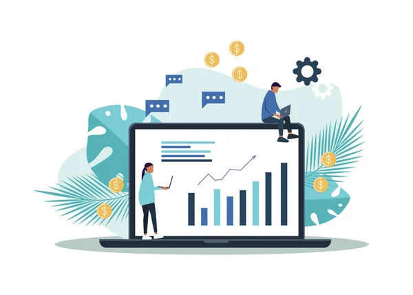 Zakenman zittend op munt stack met laptop en Stock Market Graph. Beurs investering en bedrijfsanalyse concept — Stockvector