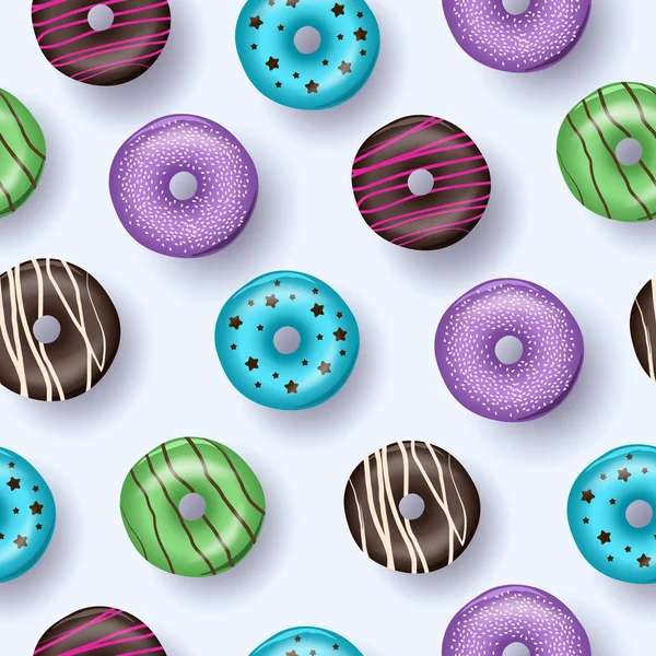 Realistische 3D-Donut. Nahtloses Muster auf blauem Hintergrund. Farbe Donut-Muster. Glasierte Donuts Hintergrund. Realistische 3D-Donut. Vektorillustration — Stockvektor